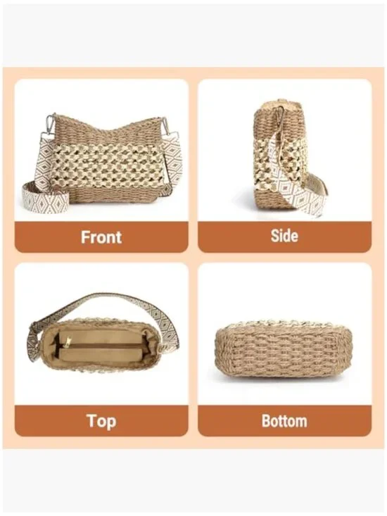 Straw Woven Crossbody Bag with Adjustable Strap, Small Summer Handbag - Picture 5 of 7